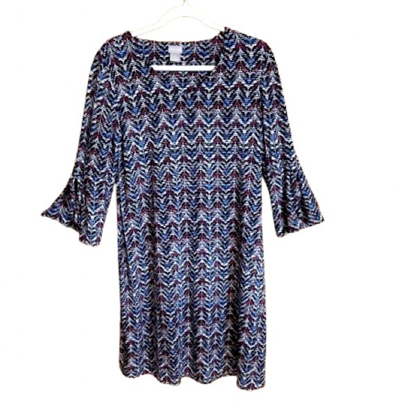 CHICO'S  Knit Trapeze Dress in Cool Multi Blue White Mauve Midi - Picture 1 of 8